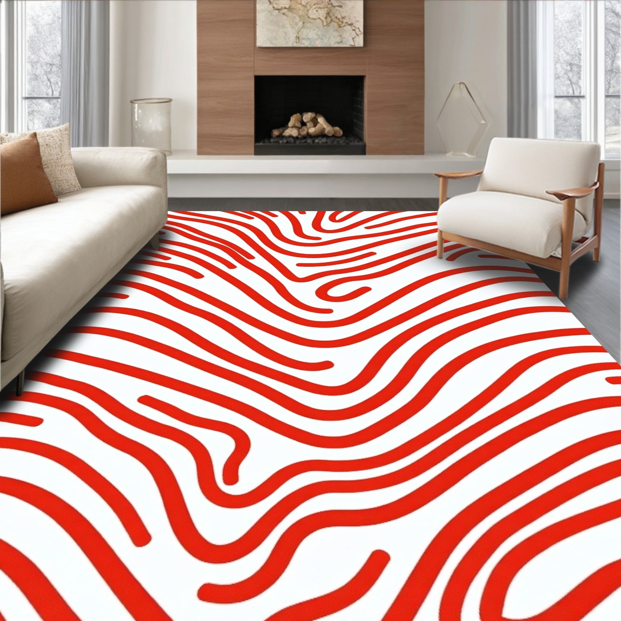 Bold Red Wavy Stripe Pattern Rug
