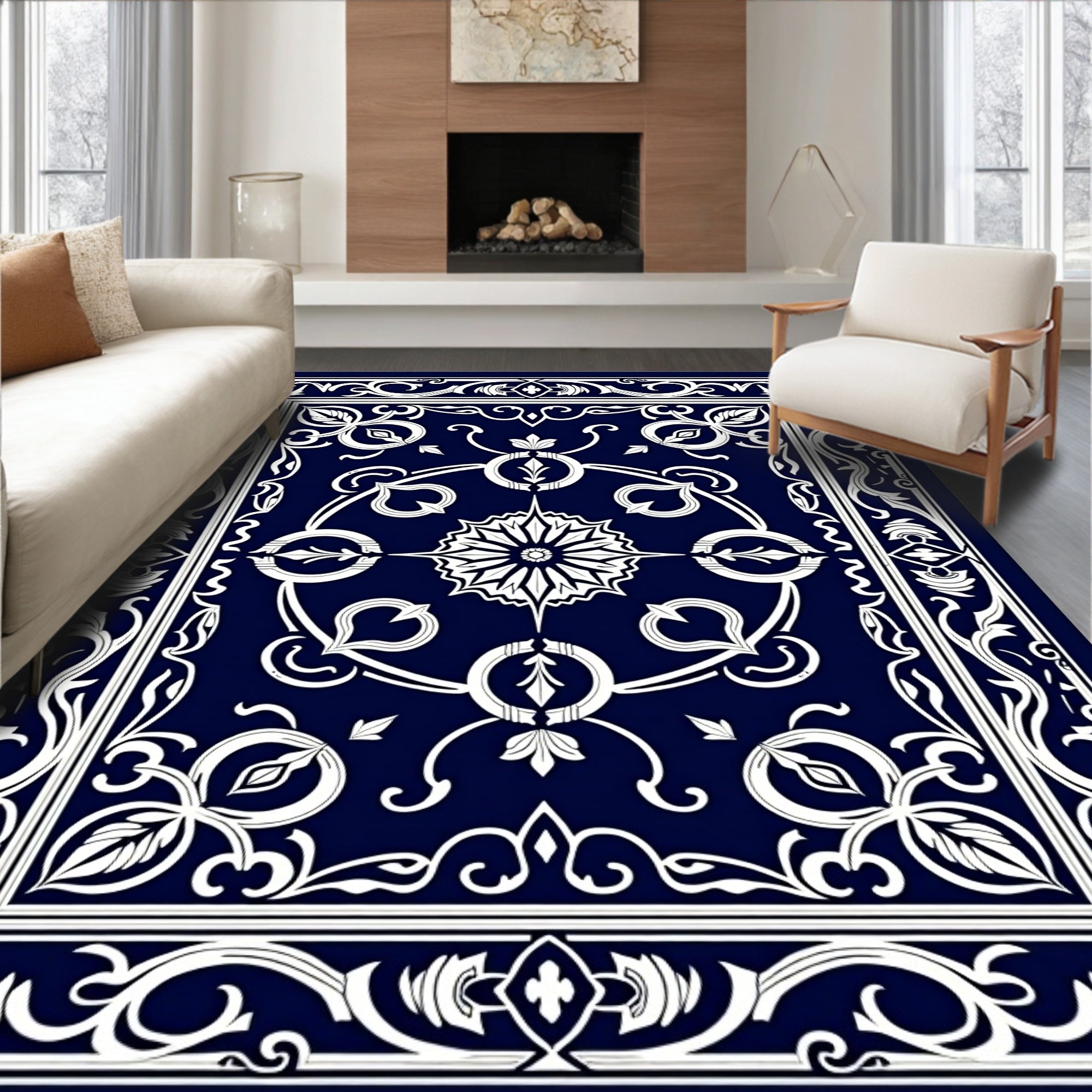 Classic Dark Blue White Floral Pattern Rug