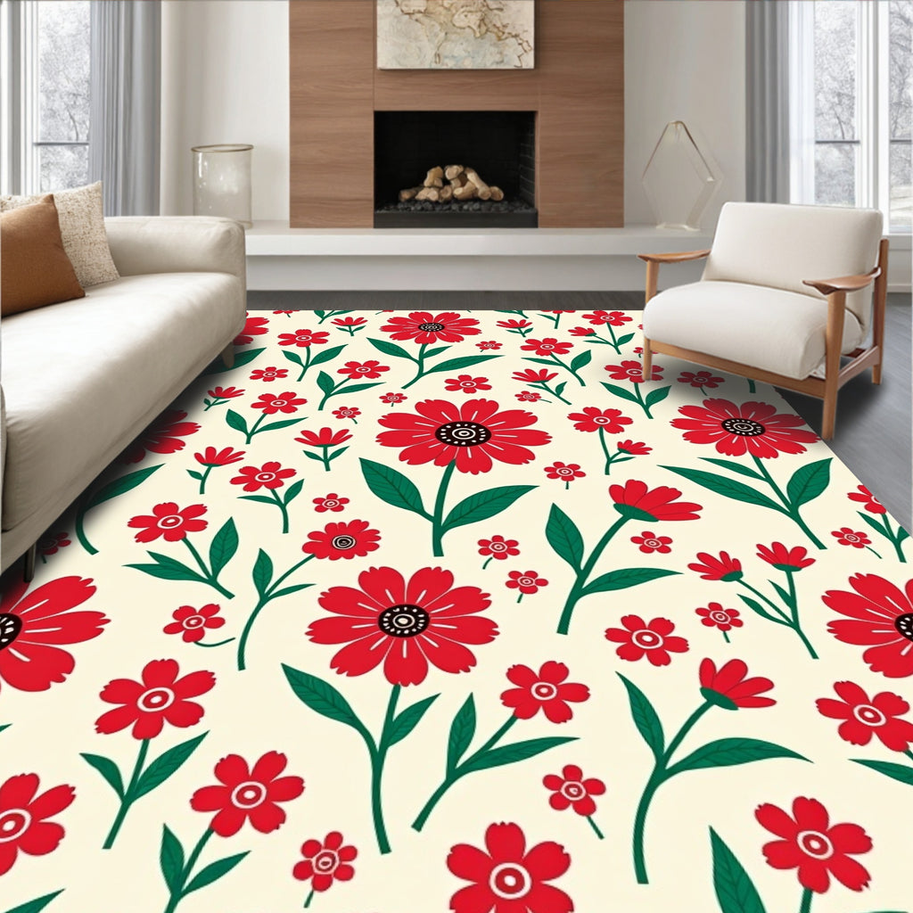 Bold Red Daisy Floral Pattern Rug