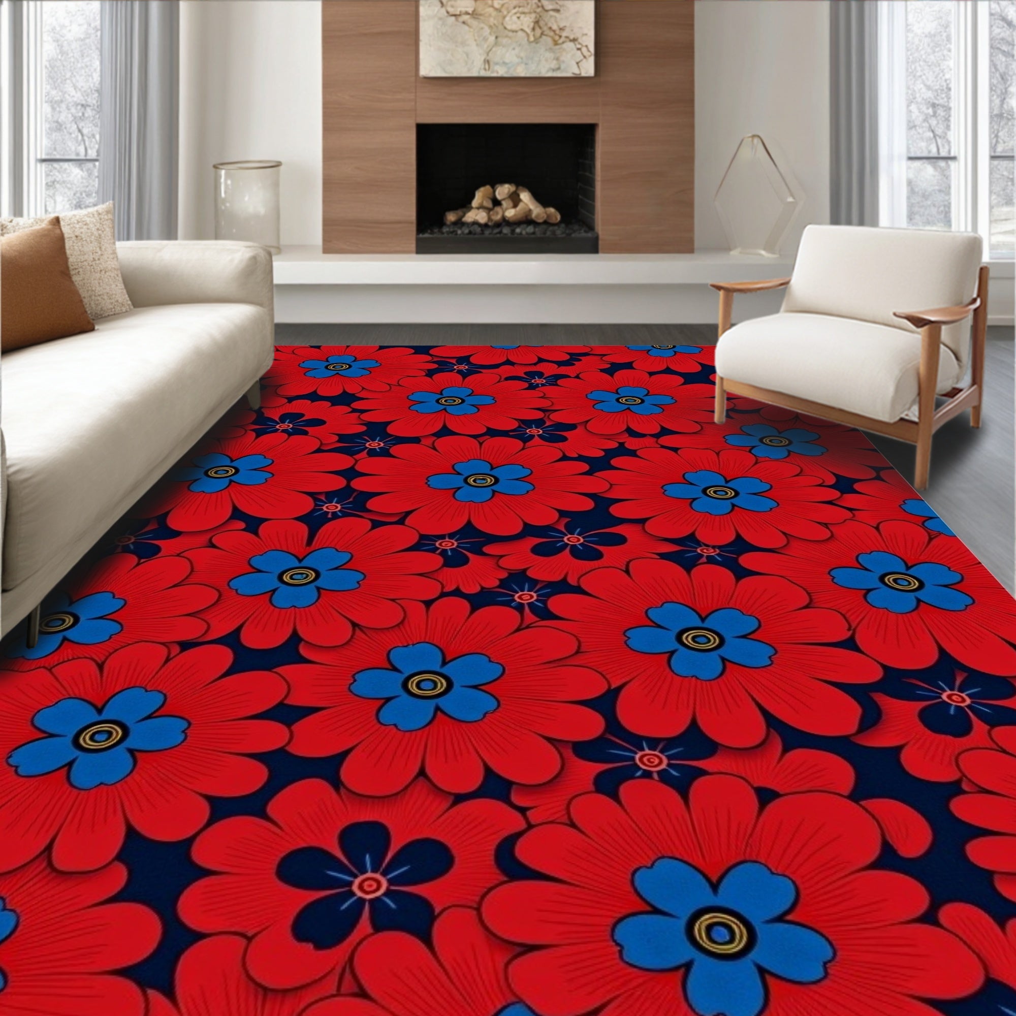 Bold Red Blue Floral Pattern 4u Rug