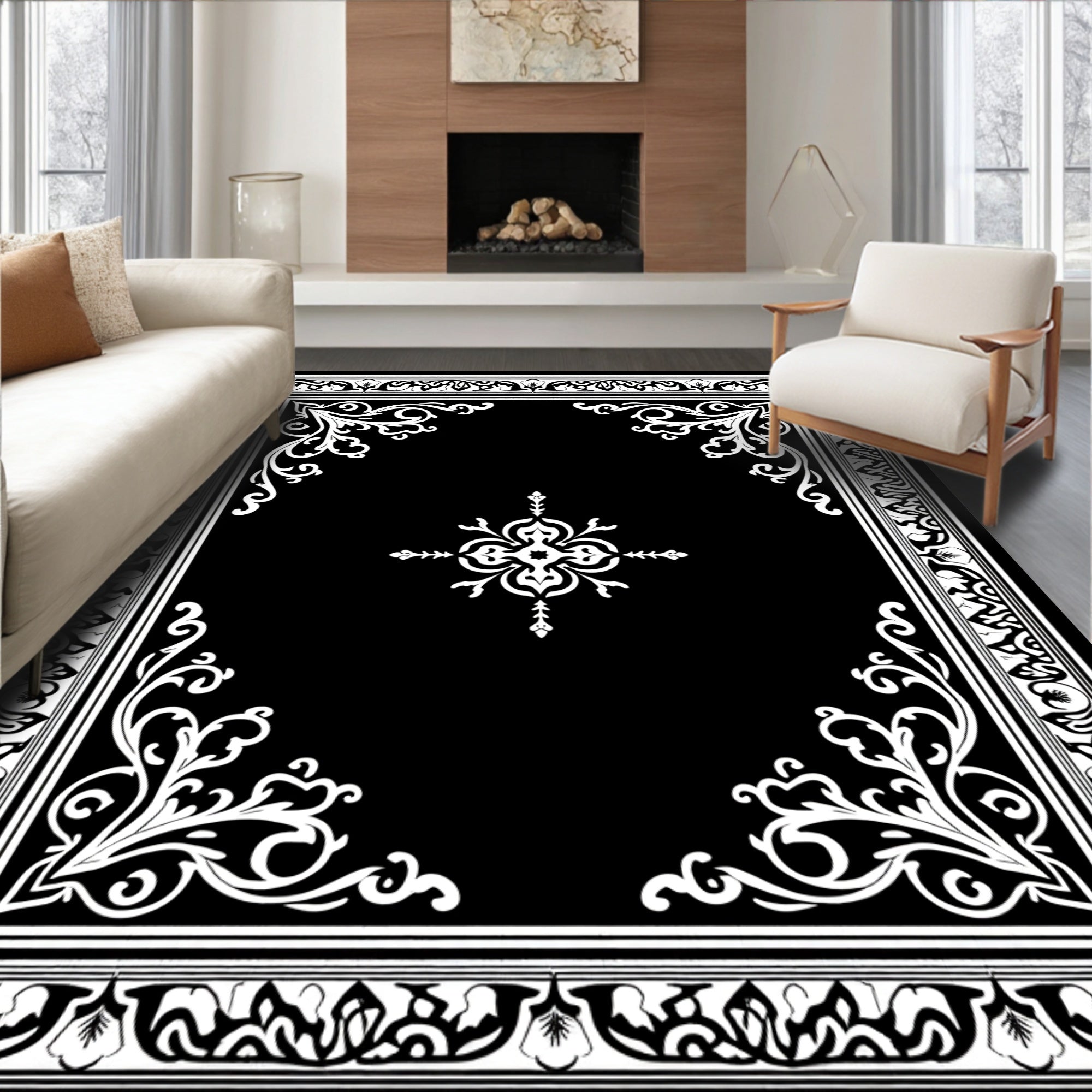 Black White Ornate Scrollwork Design Rug