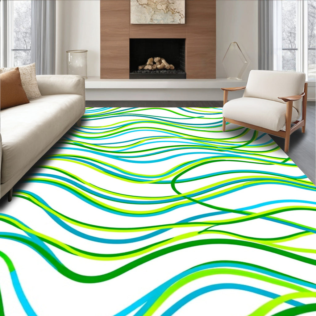 Vibrant Blue Green Wavy Lines Rug