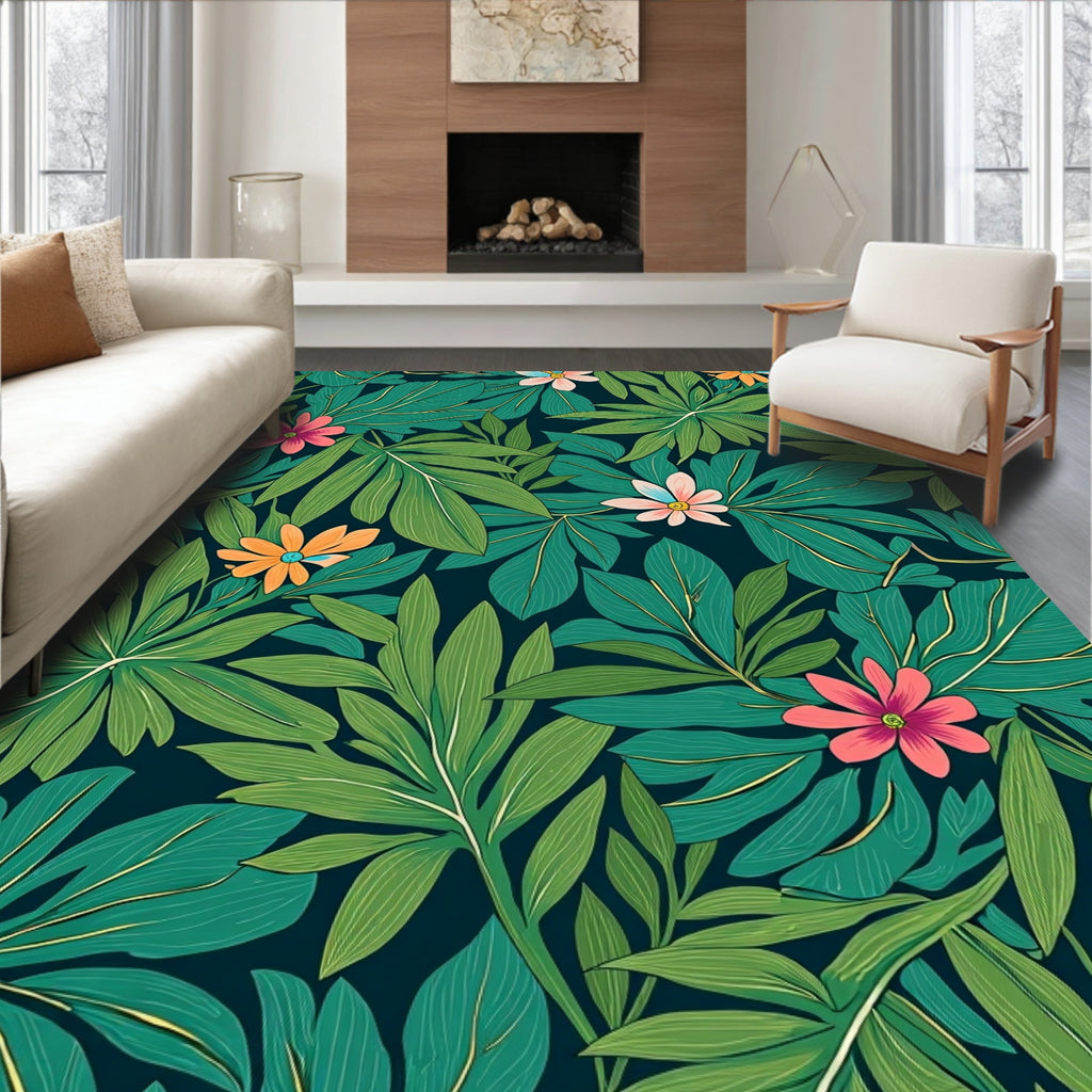 Earthy Green Foliage Floral Pattern Rug