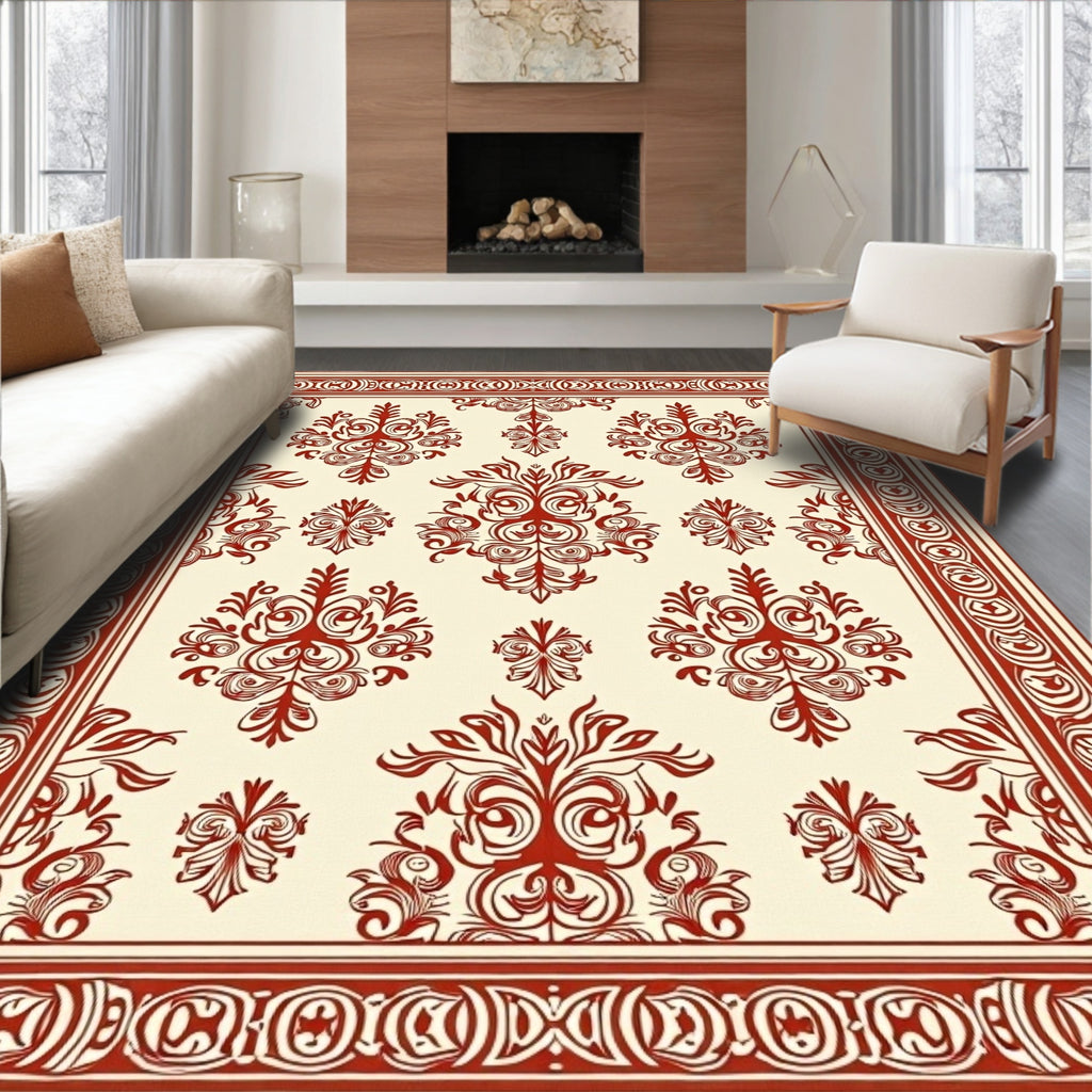 Classic Red Cream Damask Pattern Rug