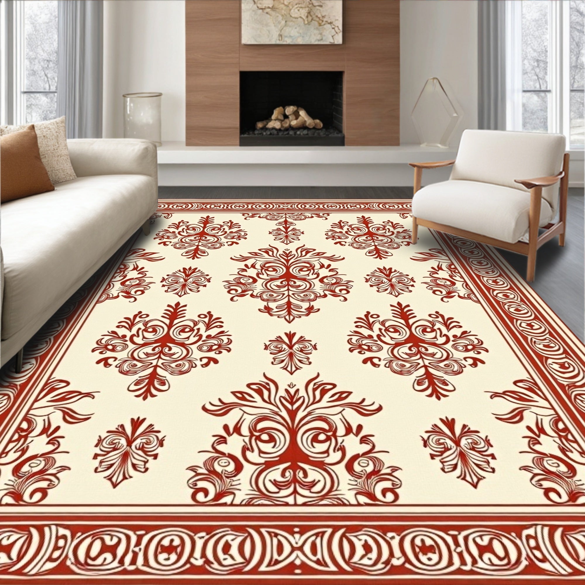 Classic Red Cream Damask Pattern Rug