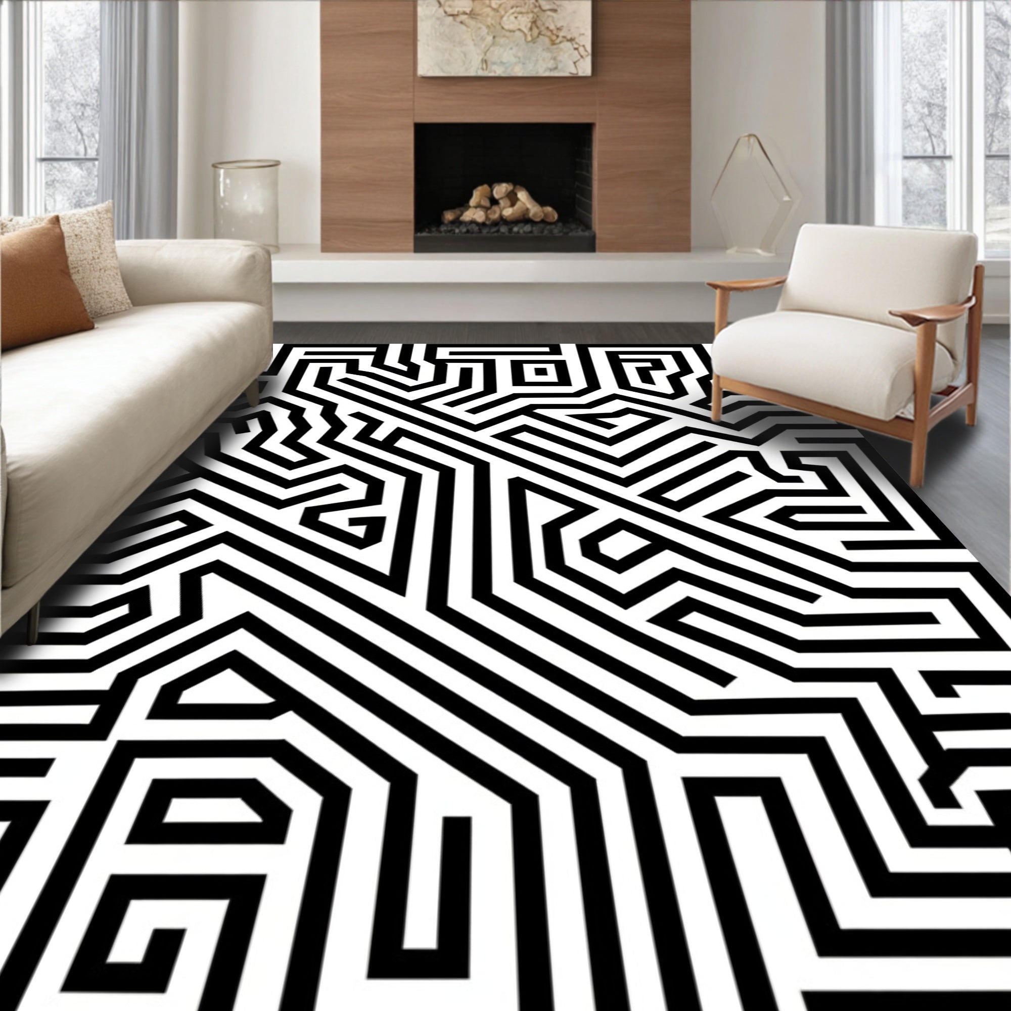 Bold Black White Geometric Maze Rug