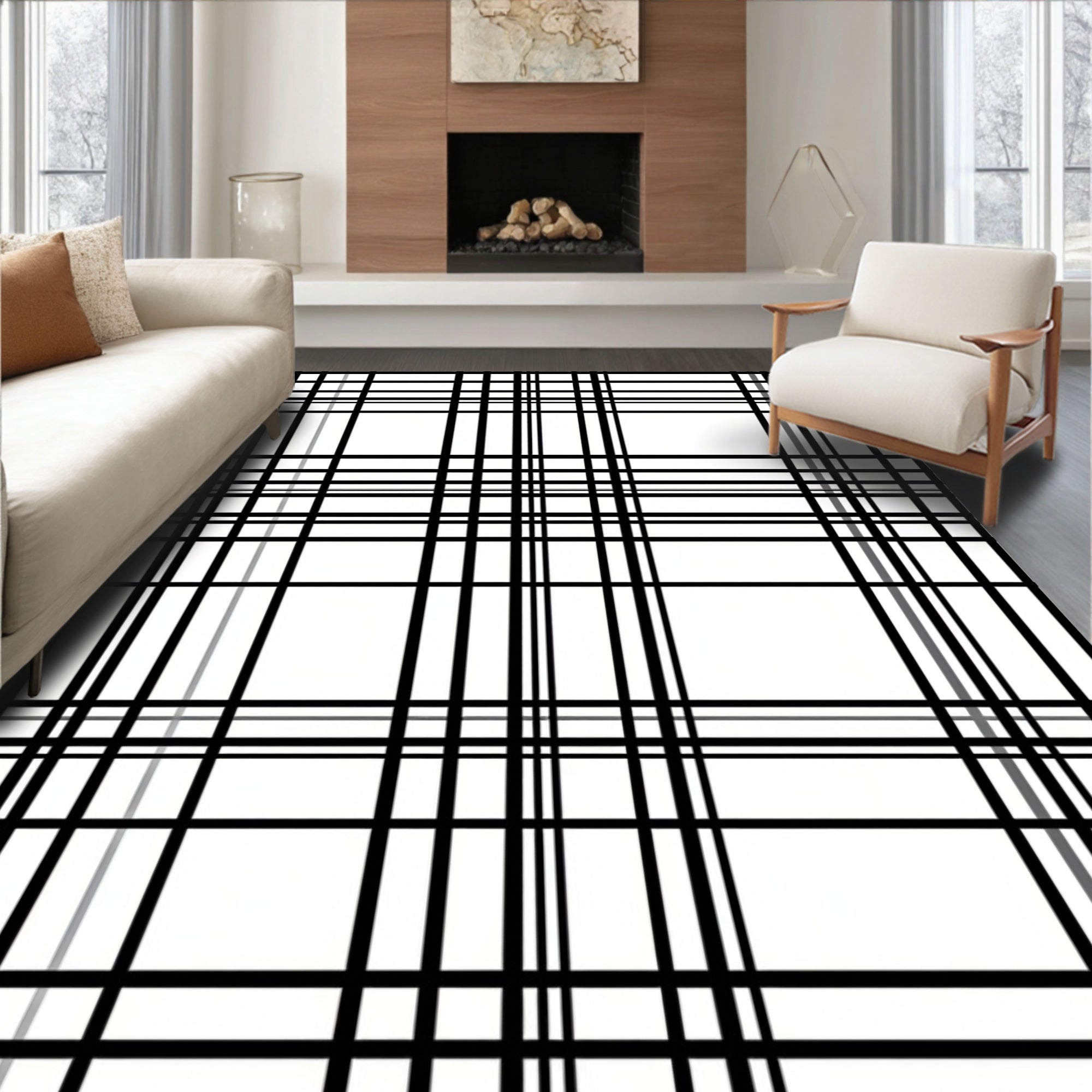 Contrasting Black and Gray Plaid Pattern Rug