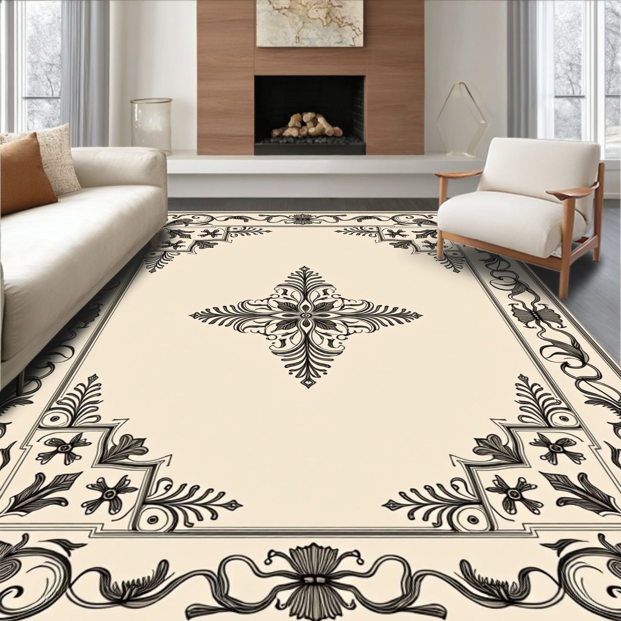 Ornate Baroque Swirl Floral Pattern Rug