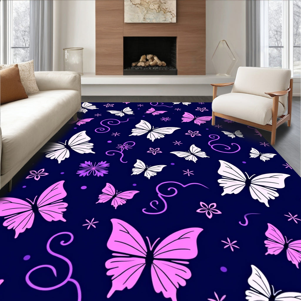 Pink Butterflies Purple Blossoms Pattern Rug