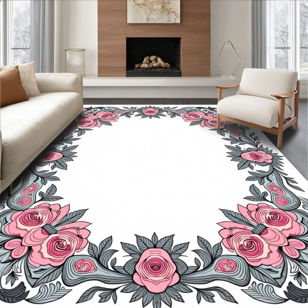 Pink Rose Floral Swirl Pattern Rug