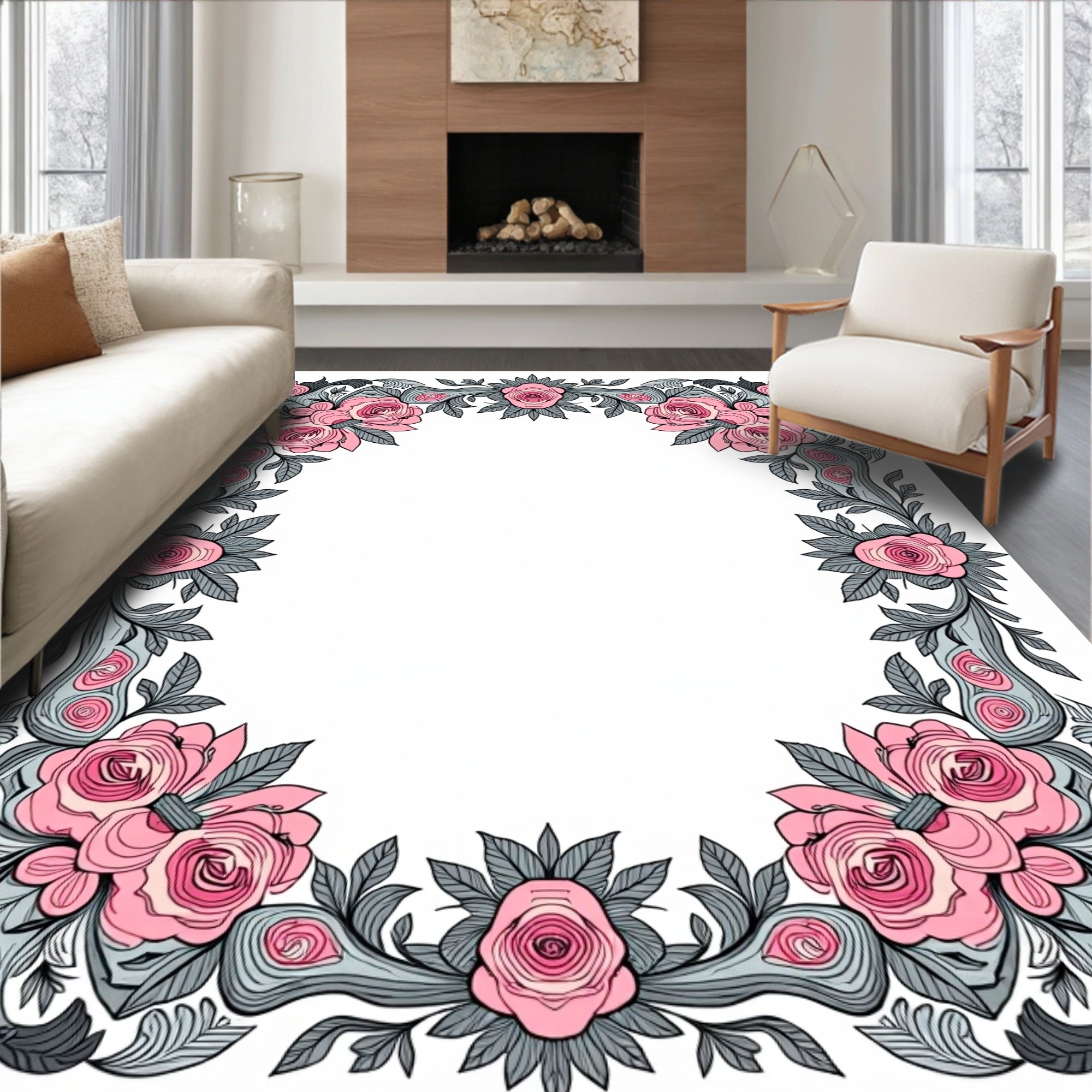 Pink Rose Floral Swirl Pattern Rug