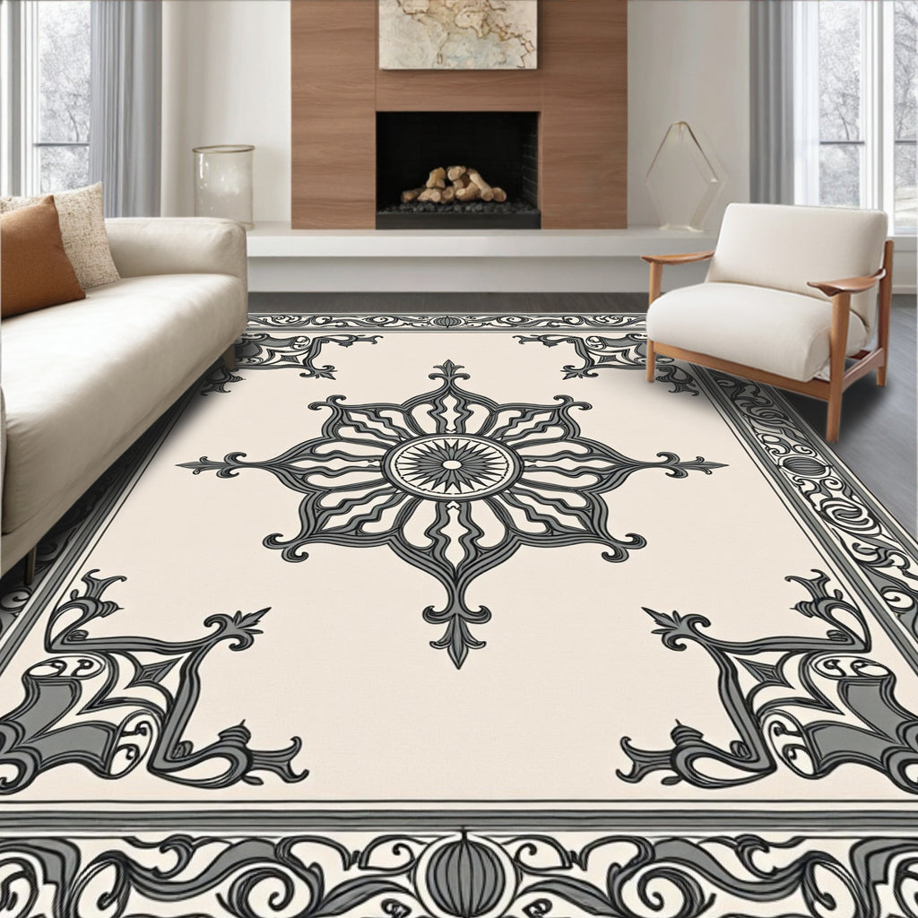 Grey Cream Ornamental Medallion Rug