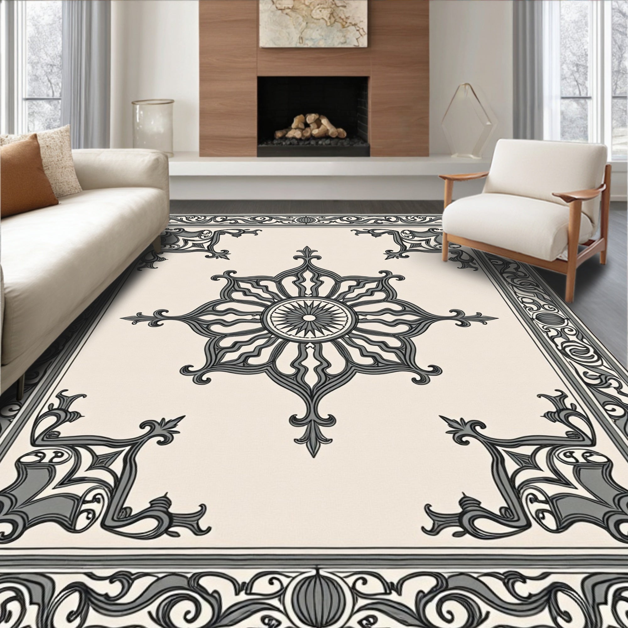 Grey Cream Ornamental Medallion Rug