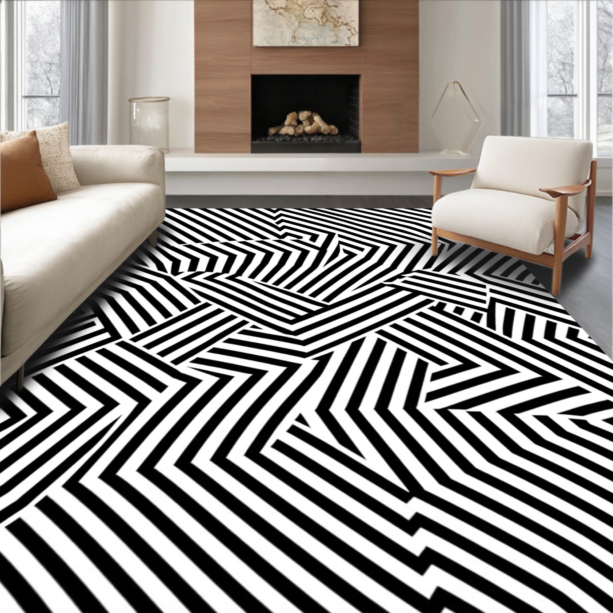 Bold Black White Geometric Pattern Rug