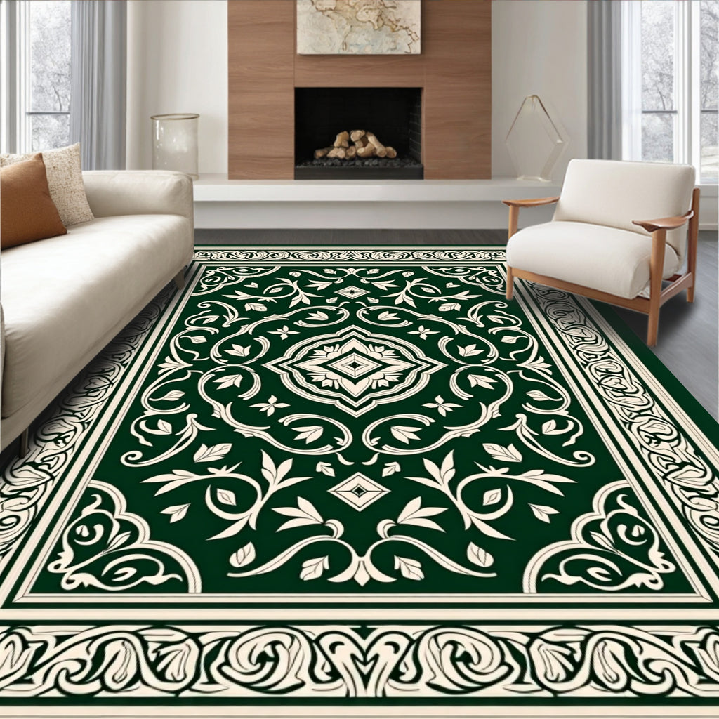 Ornate Floral Patterned Emerald Rug
