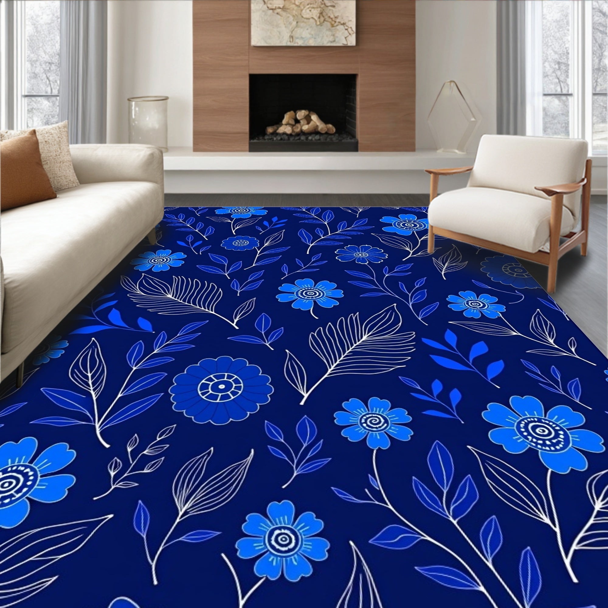 Elegant Blue Floral Outline Pattern Rug