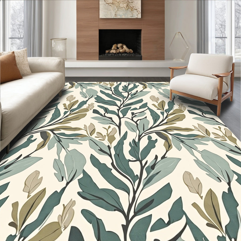Botanical Branch Pattern On Cream Rug