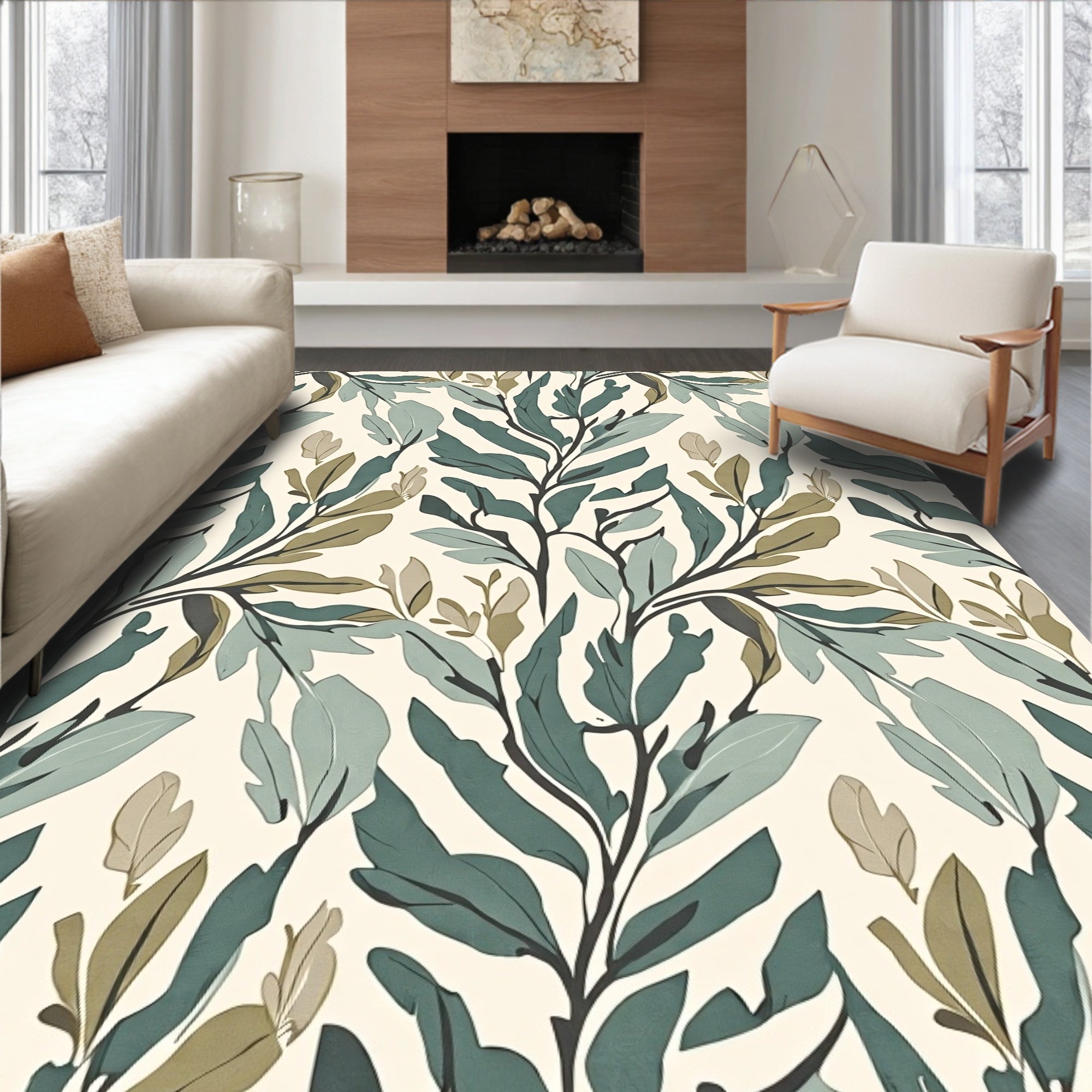 Botanical Branch Pattern On Cream Rug