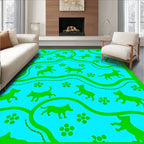 Bright Blue Green Dog Floral Repeating Rug