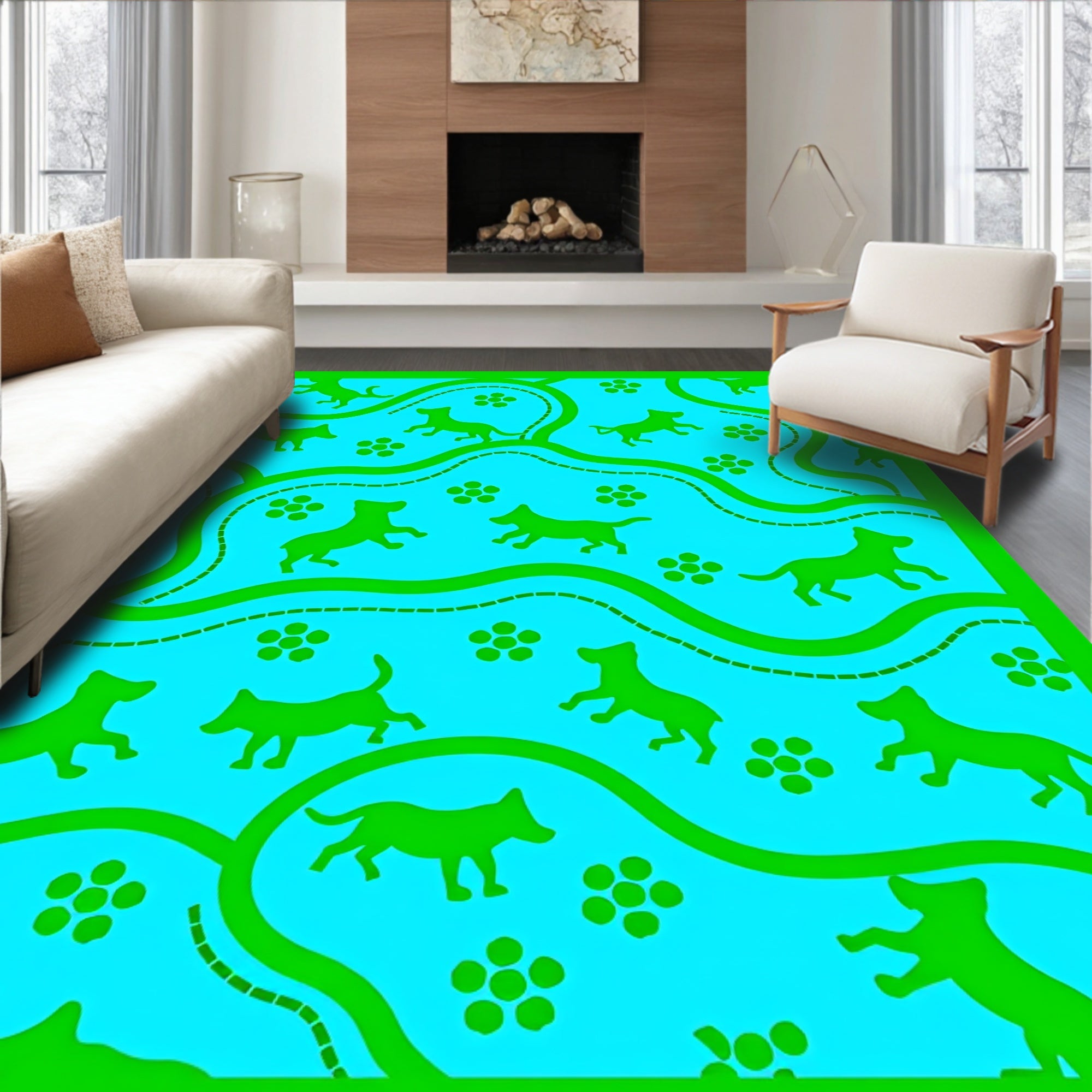 Bright Blue Green Dog Floral Repeating Rug