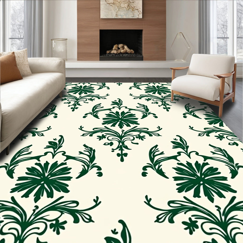 Ornate Green Damask Pattern Rug