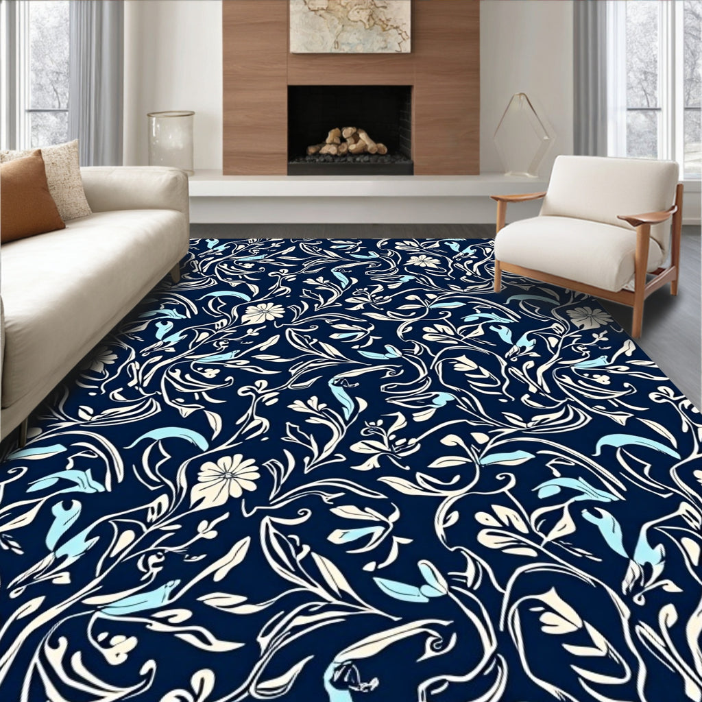 Navy Cream Blue Floral Vine Pattern Rug
