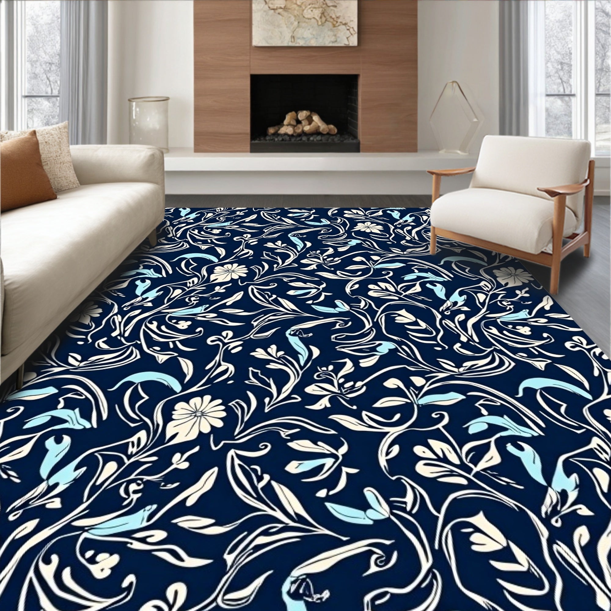 Navy Cream Blue Floral Vine Pattern Rug