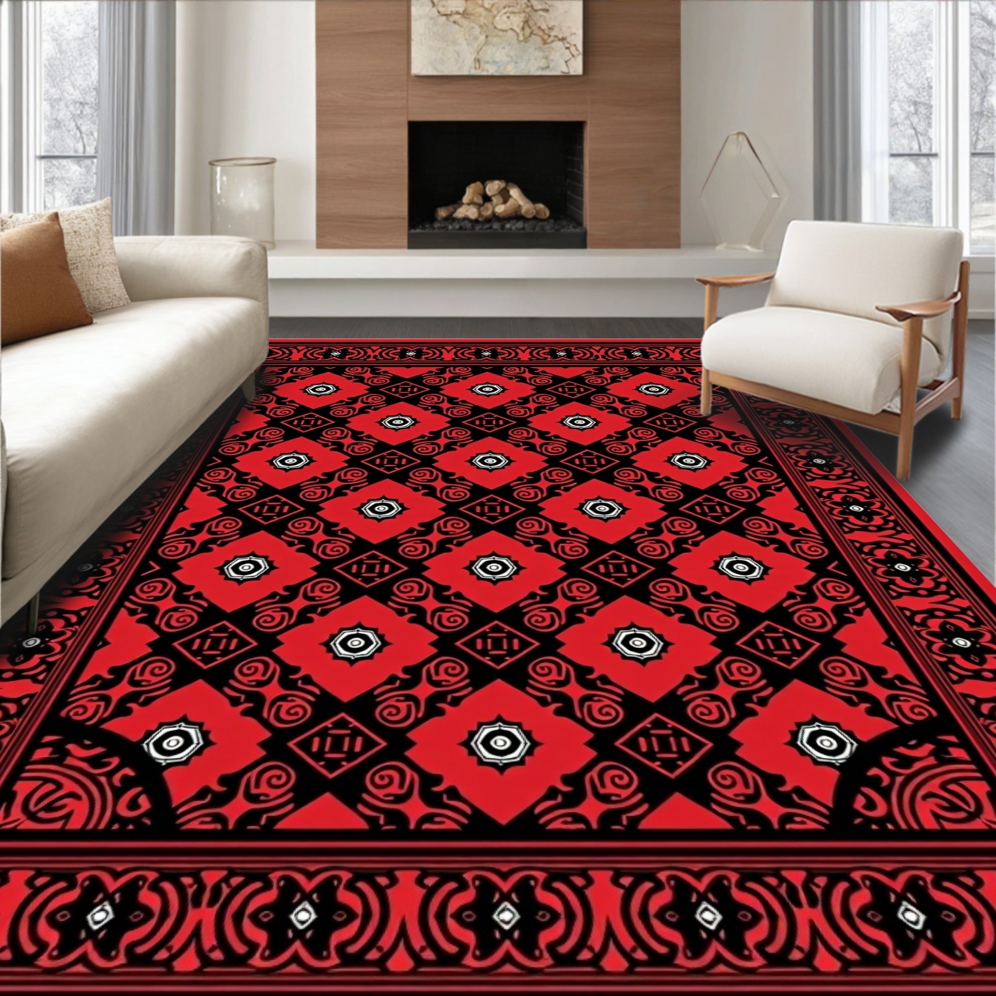 Bold Red Black Geometric Pattern Rug