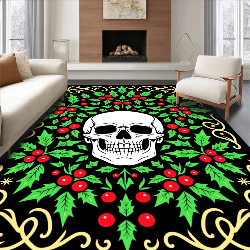 Black Holly Skull Gothic Ornament Rug