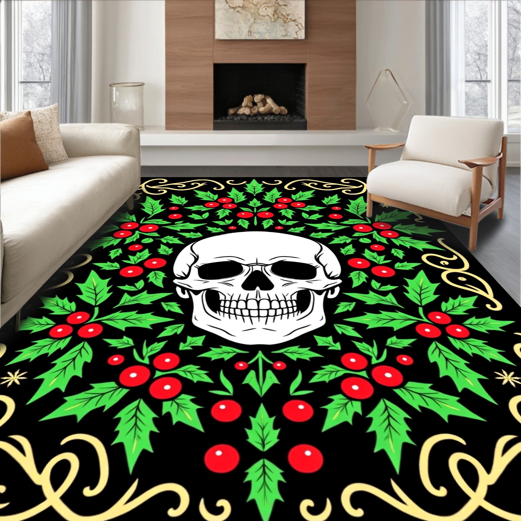 Black Holly Skull Gothic Ornament Rug