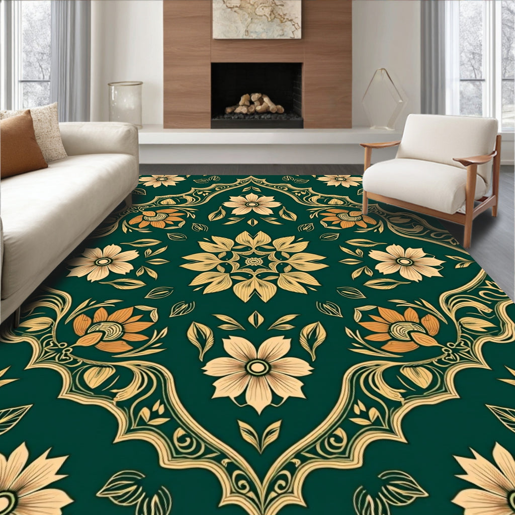 Intricate Floral Filigree Dark Teal Design Rug