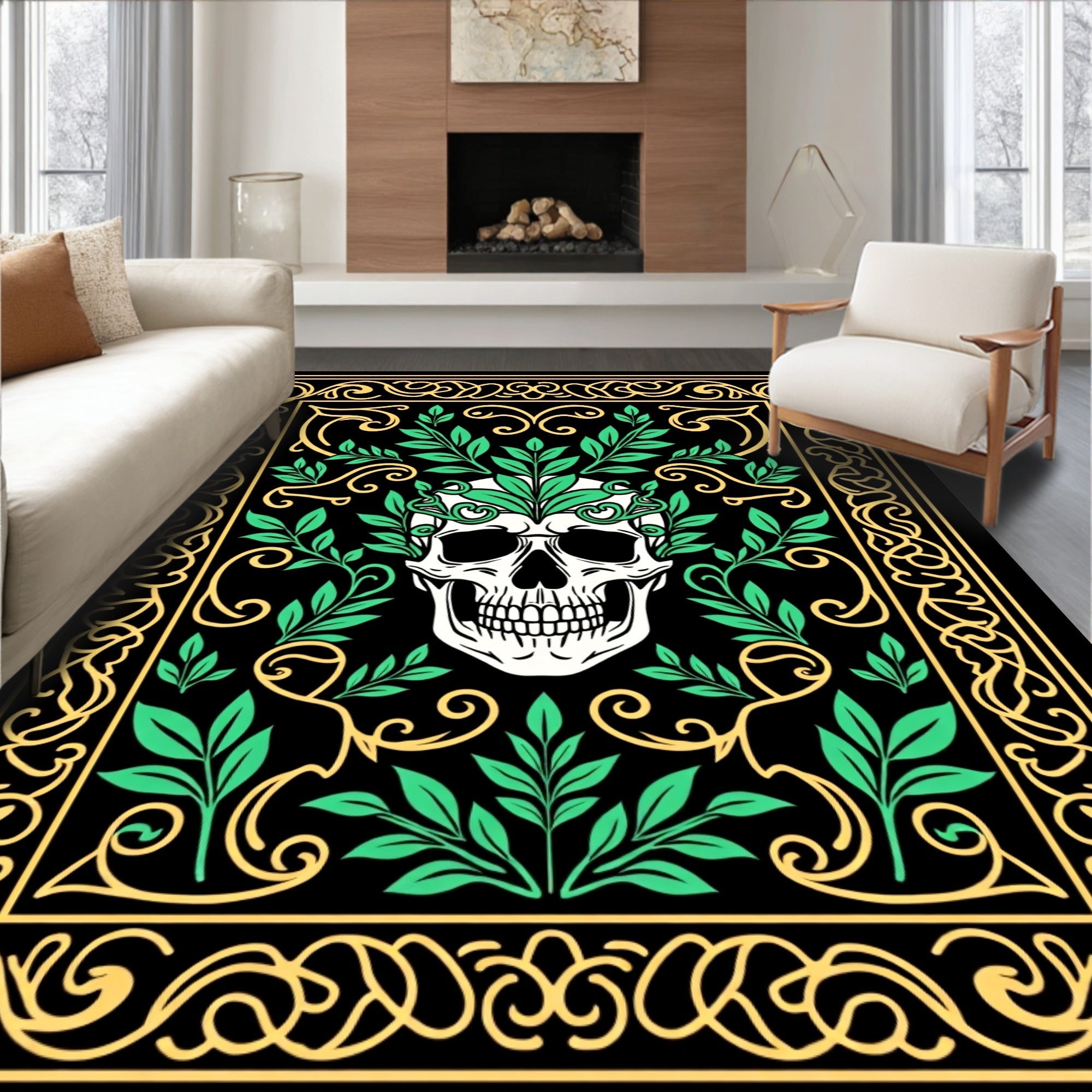 Spooky Skull Green Leaf Border Rug