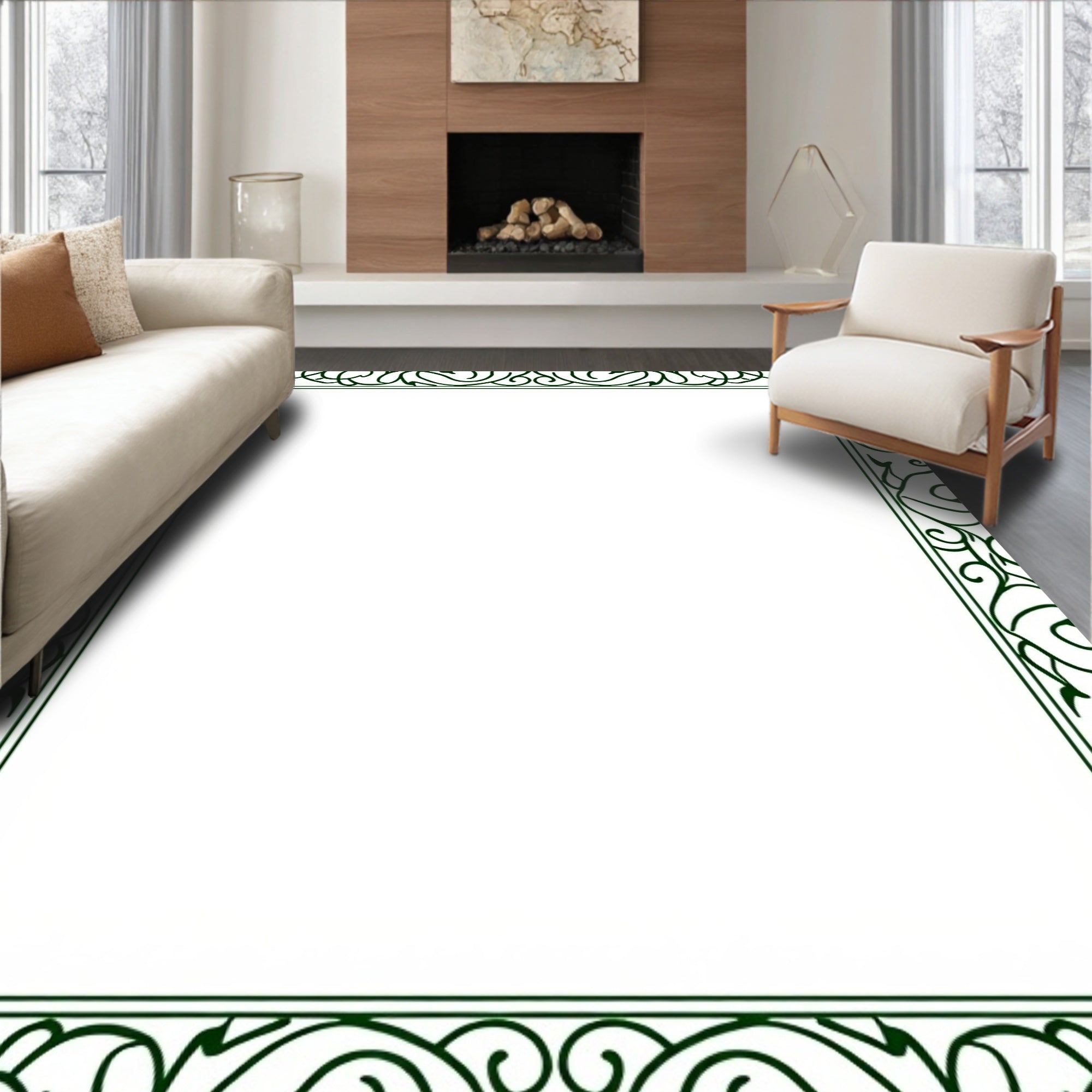Dark Green Scroll Vine Border Rug