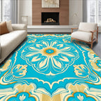 Bright Blue Gold Floral Medallion Design Rug