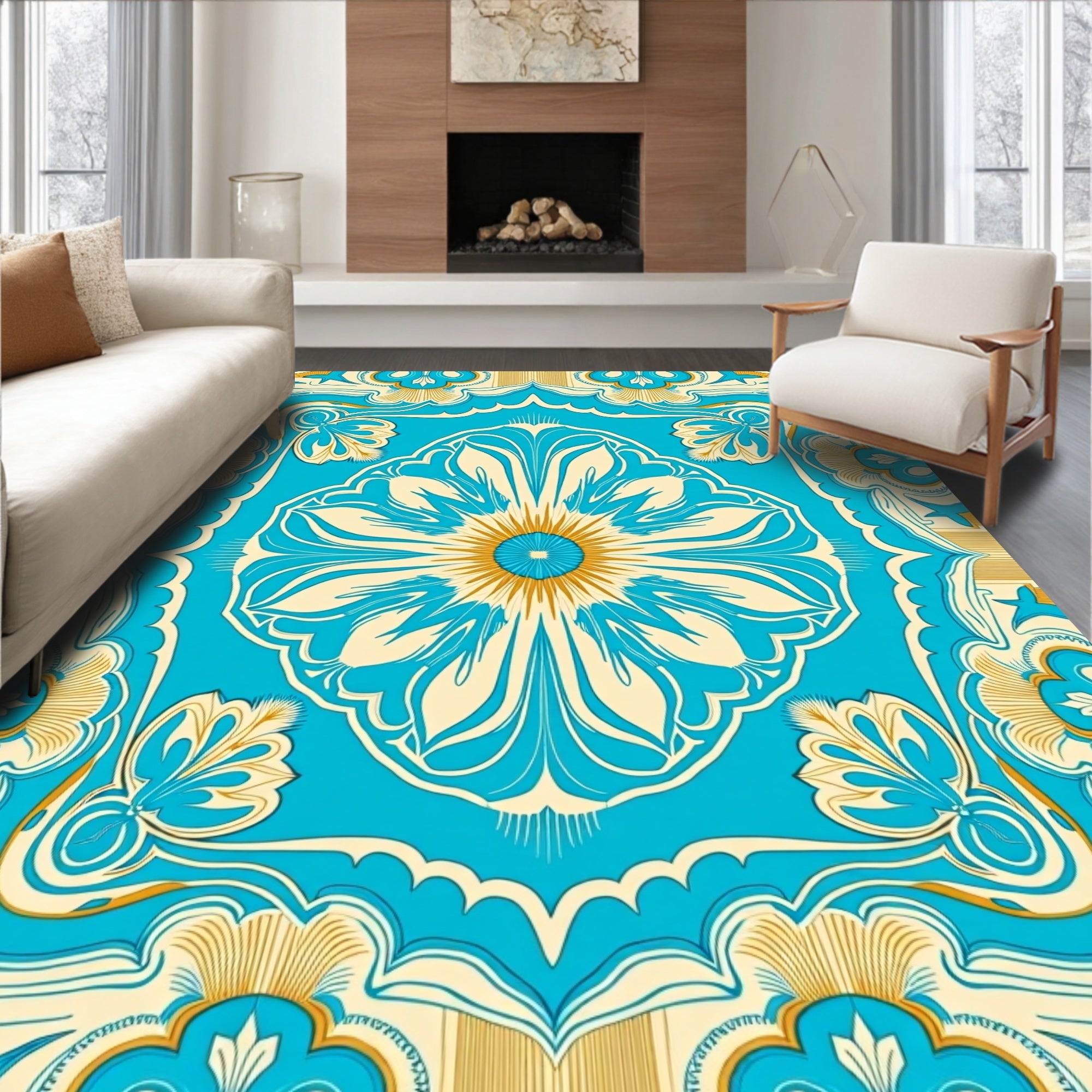 Bright Blue Gold Floral Medallion Design Rug