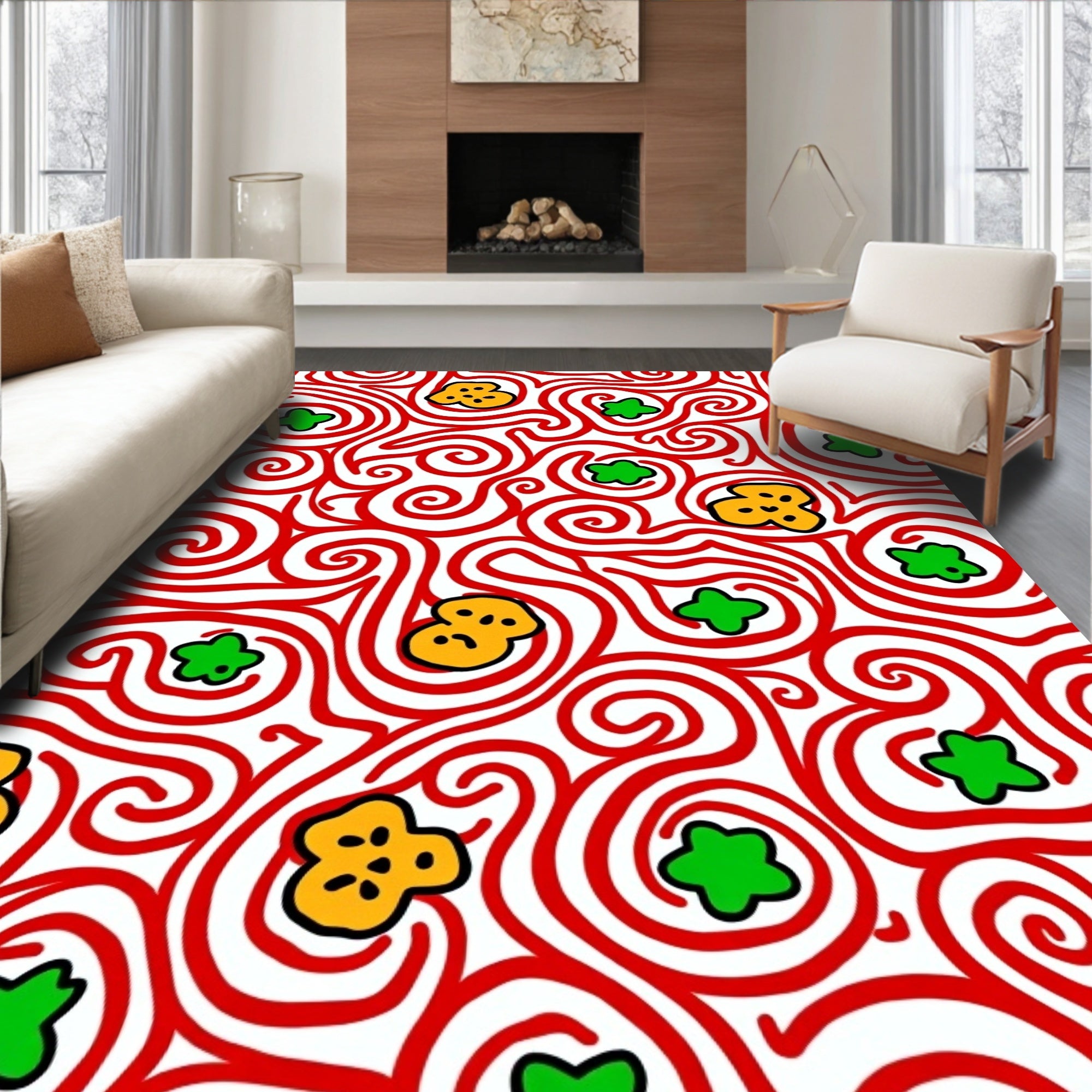 Whimsical Red Swirl Yellow Green Blossoms Rug