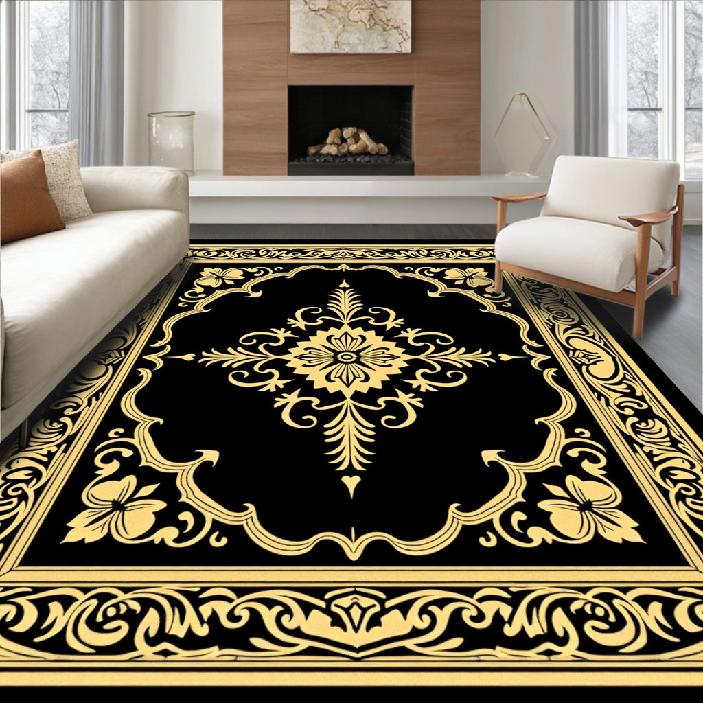 Ornate Floral Scrollwork Black Gold Rug