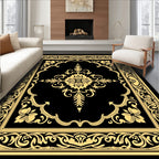 Ornate Floral Scrollwork Black Gold Rug