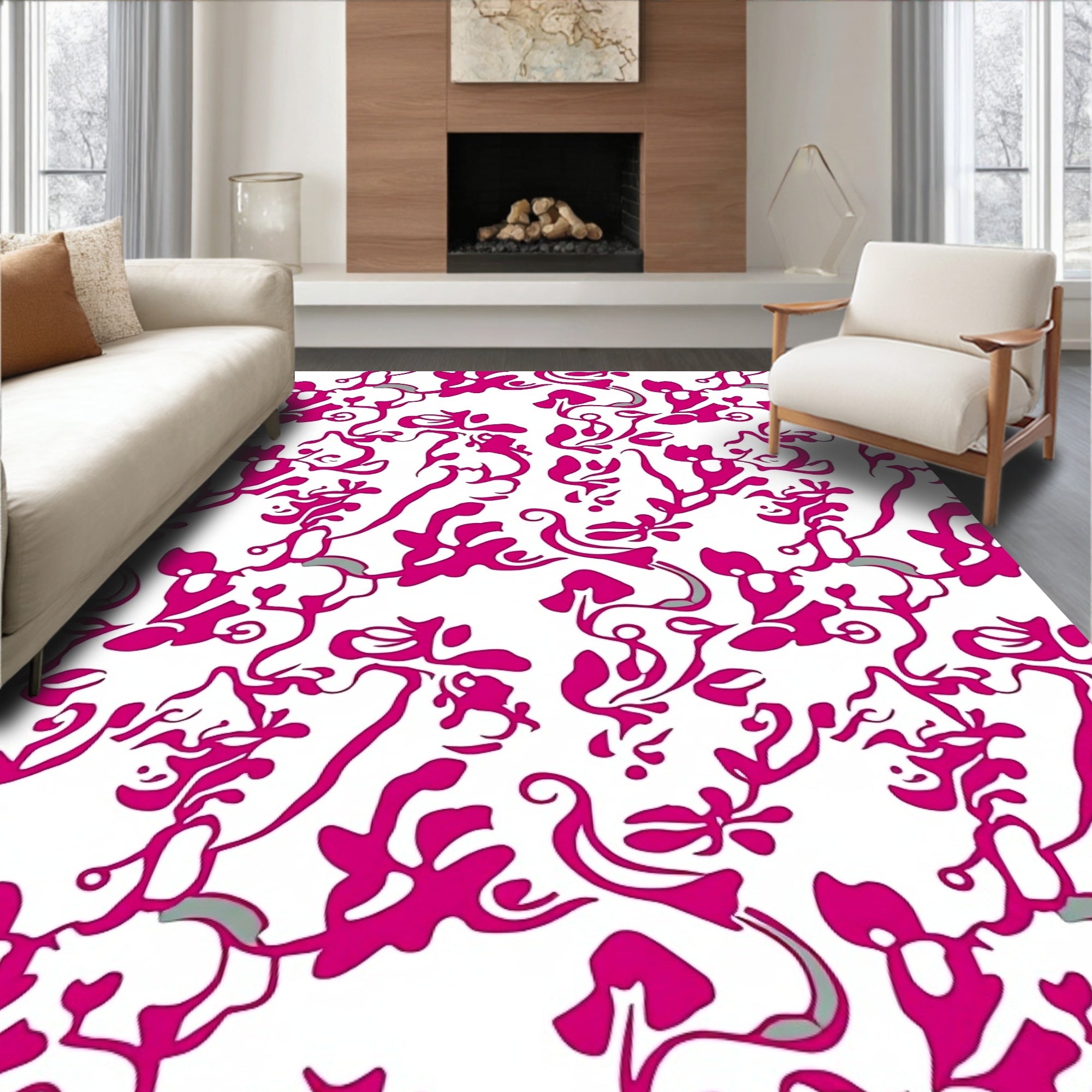 Vibrant Pink Curvy Botanical Pattern Rug