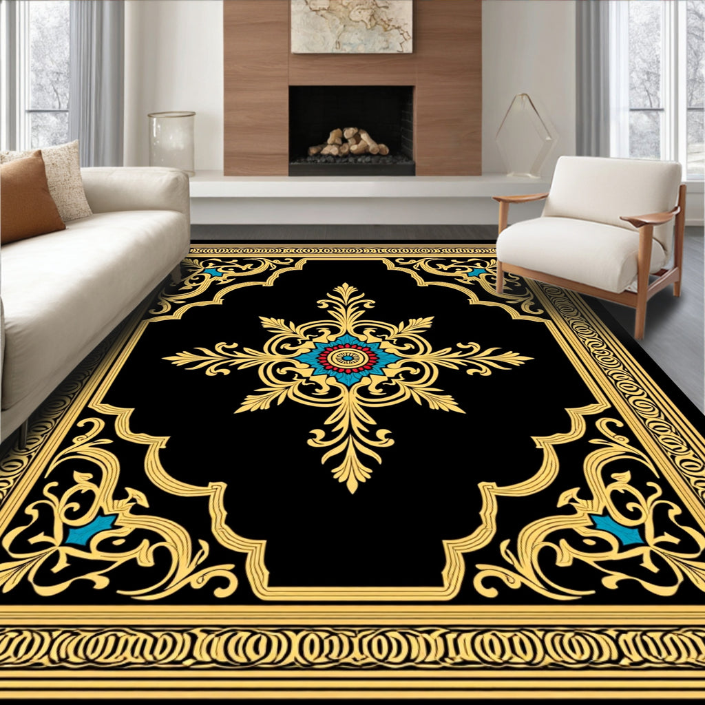 Ornate Gold Floral Medallion Rug