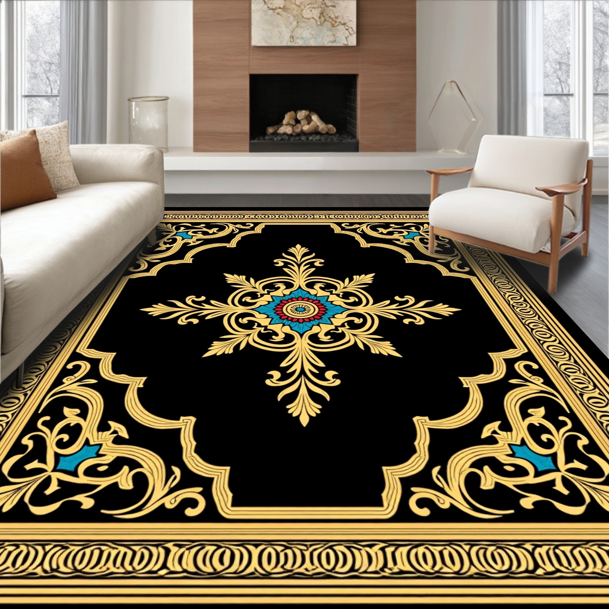 Ornate Gold Floral Medallion Rug