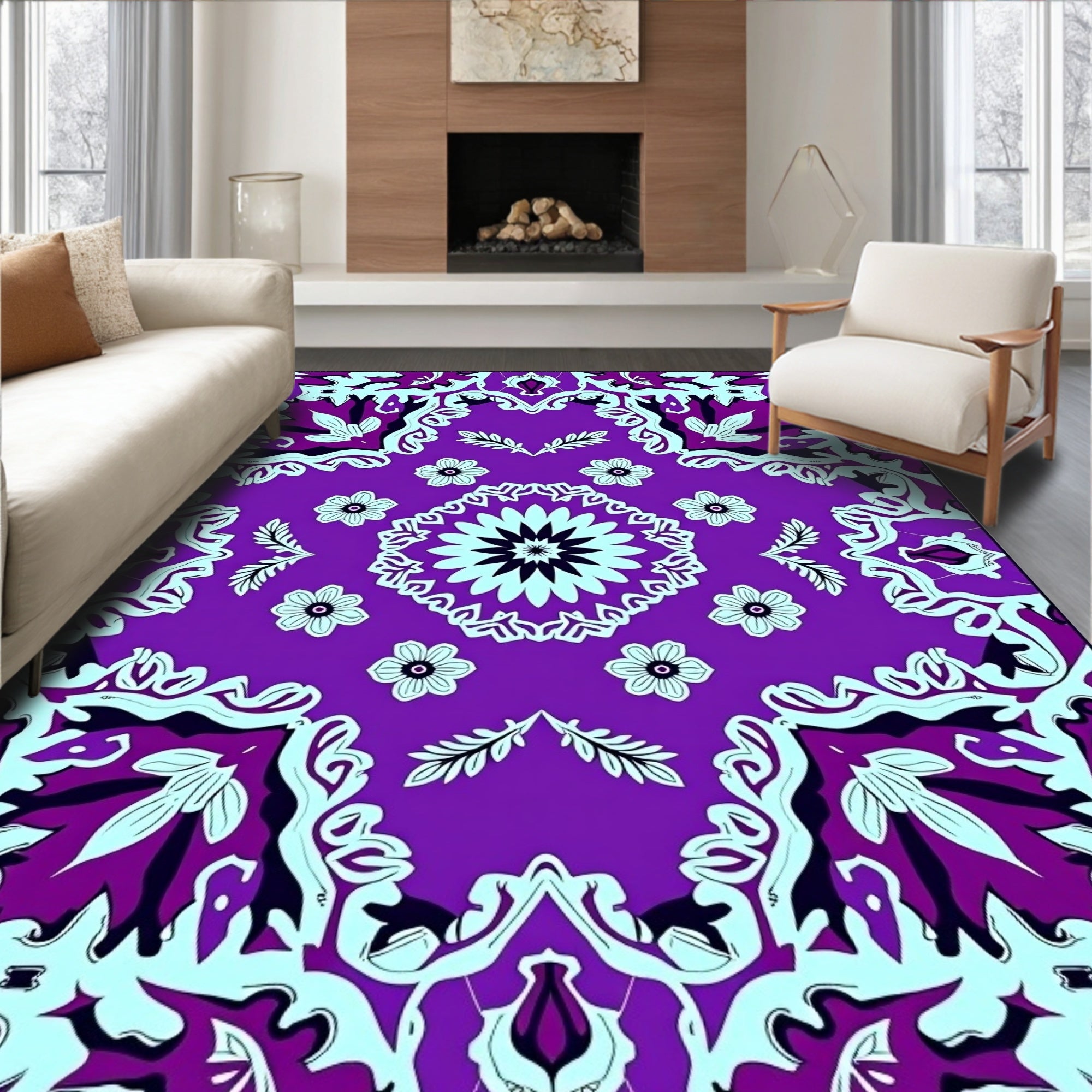 Purple Floral Medallion Mandala Design Rug