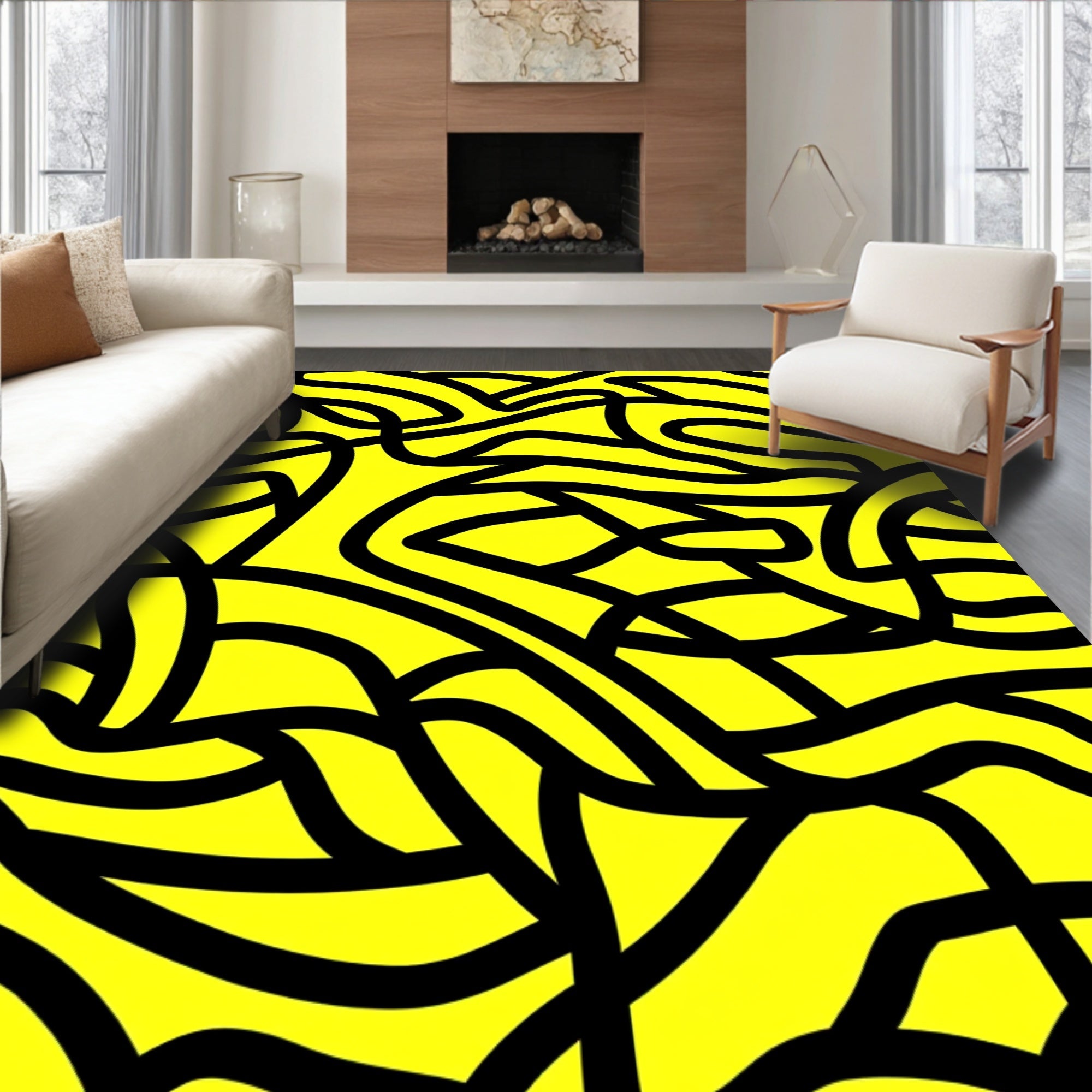 Bold Black Abstract Yellow Curves Rug