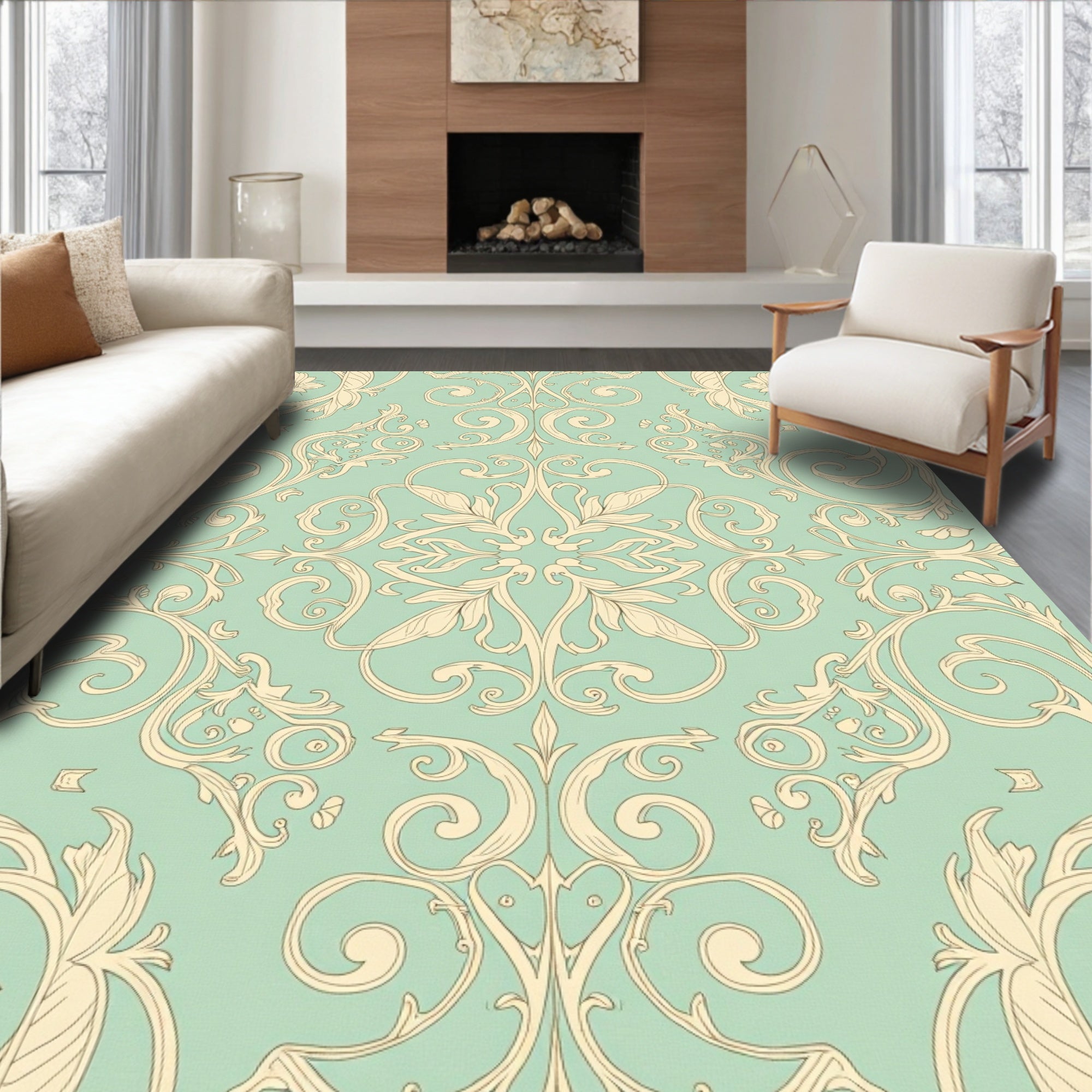 Elegant Cream Swirl Floral Pattern Rug