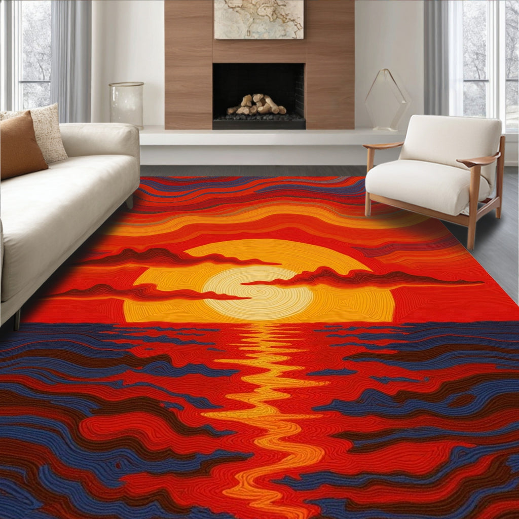 Fiery Sunset Over Reflecting Water Ripples Rug