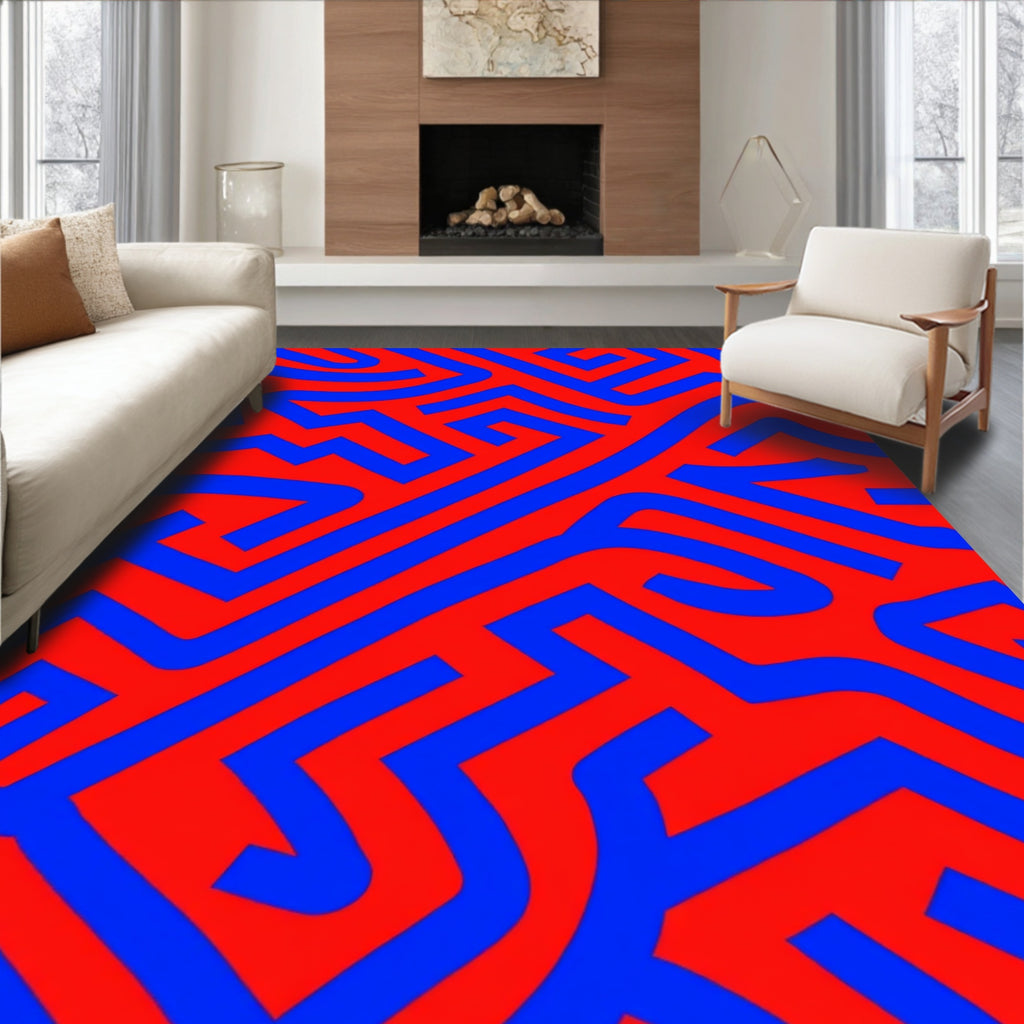 Bold Blue Red Maze Pattern Rug