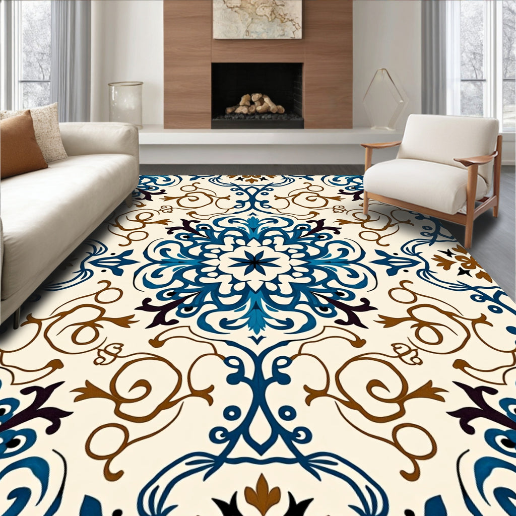 Ornate Blue Brown Floral Pattern Rug