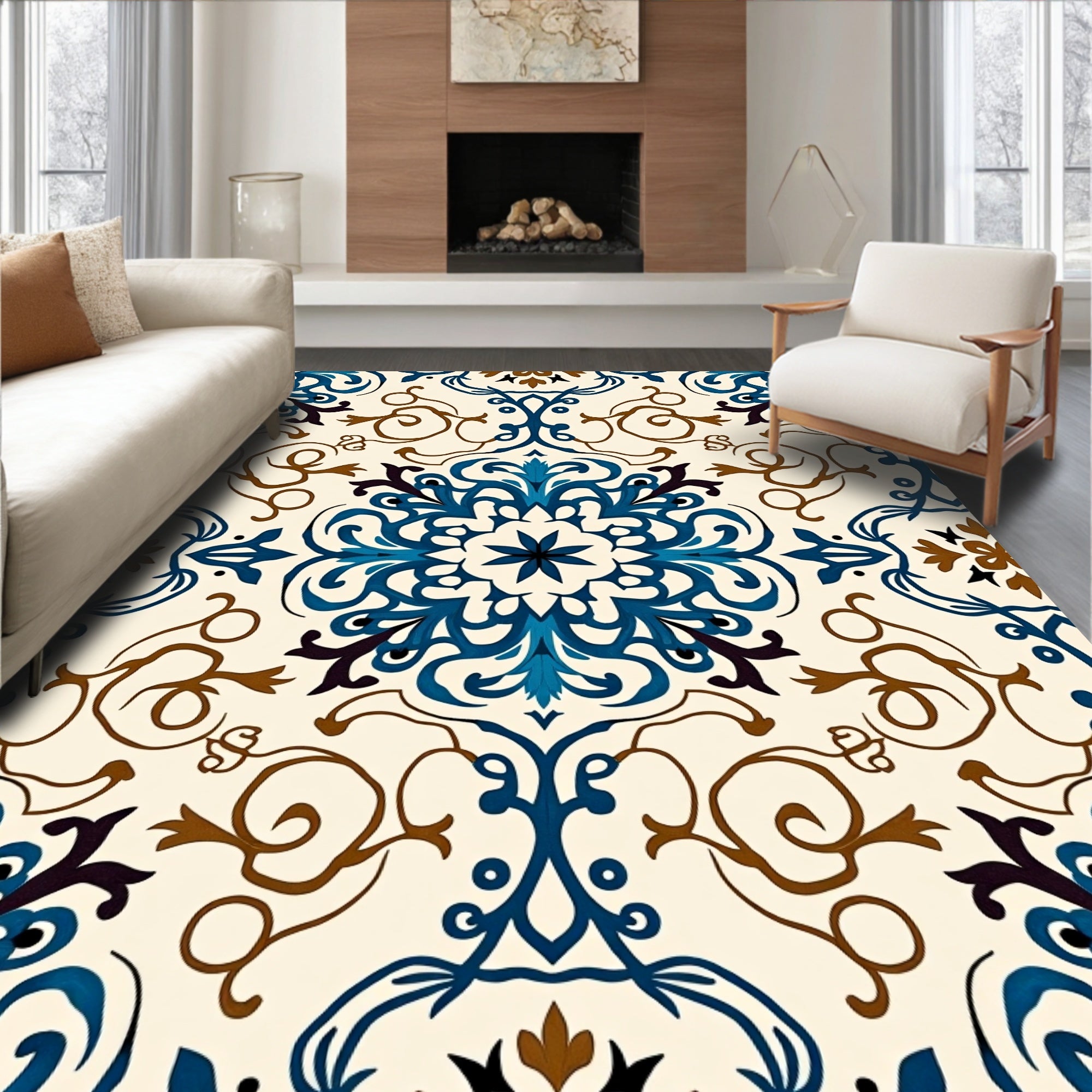 Ornate Blue Brown Floral Pattern Rug