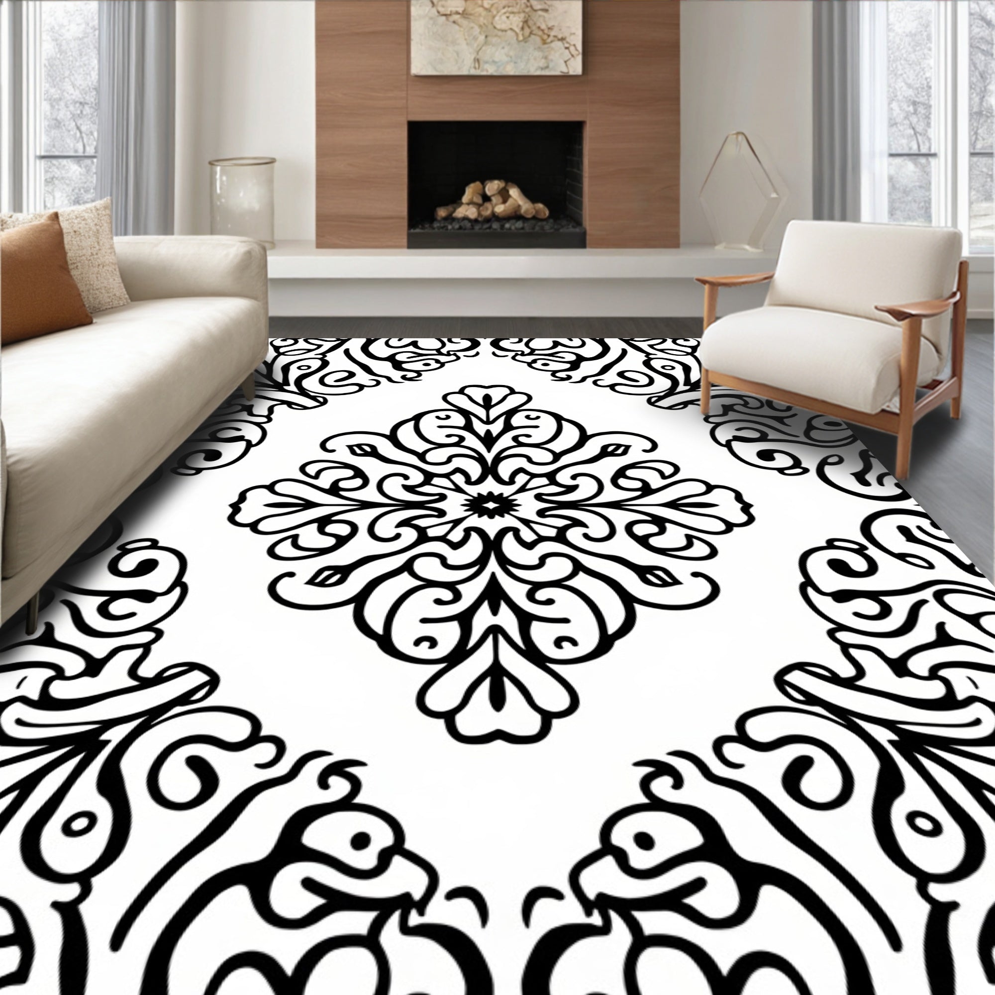 Black And White Floral Damask Design Rug