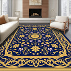 Elegant Gold Floral Bordered Navy Rug
